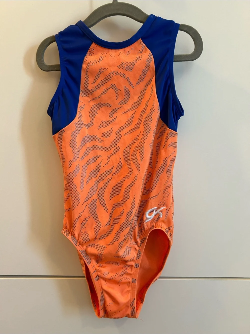GK Elite Orange & Royal Blue Tiger Print Leotard - CM Child’s Medium